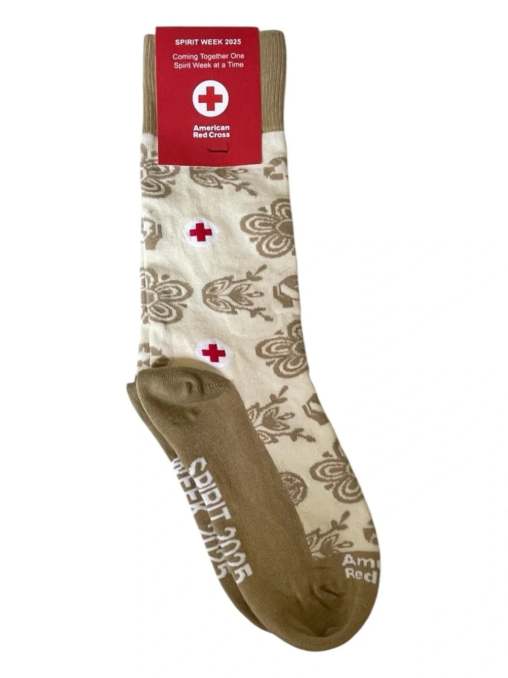 American Red Cross Spirit Week 2025 Crew Socks Floral Tan Cream Medium NWT
